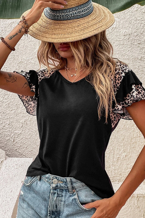Black Leopard Print Patchwork Ruffled Sleeve V Neck T Shirt